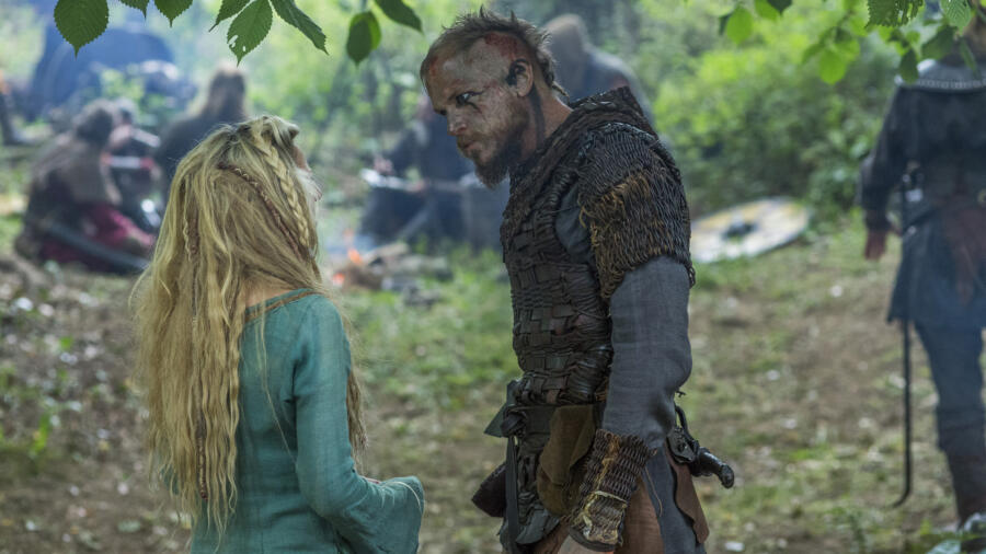 Gustaf Skarsgård as Floki, Maude Hirst as Helga, Vikings