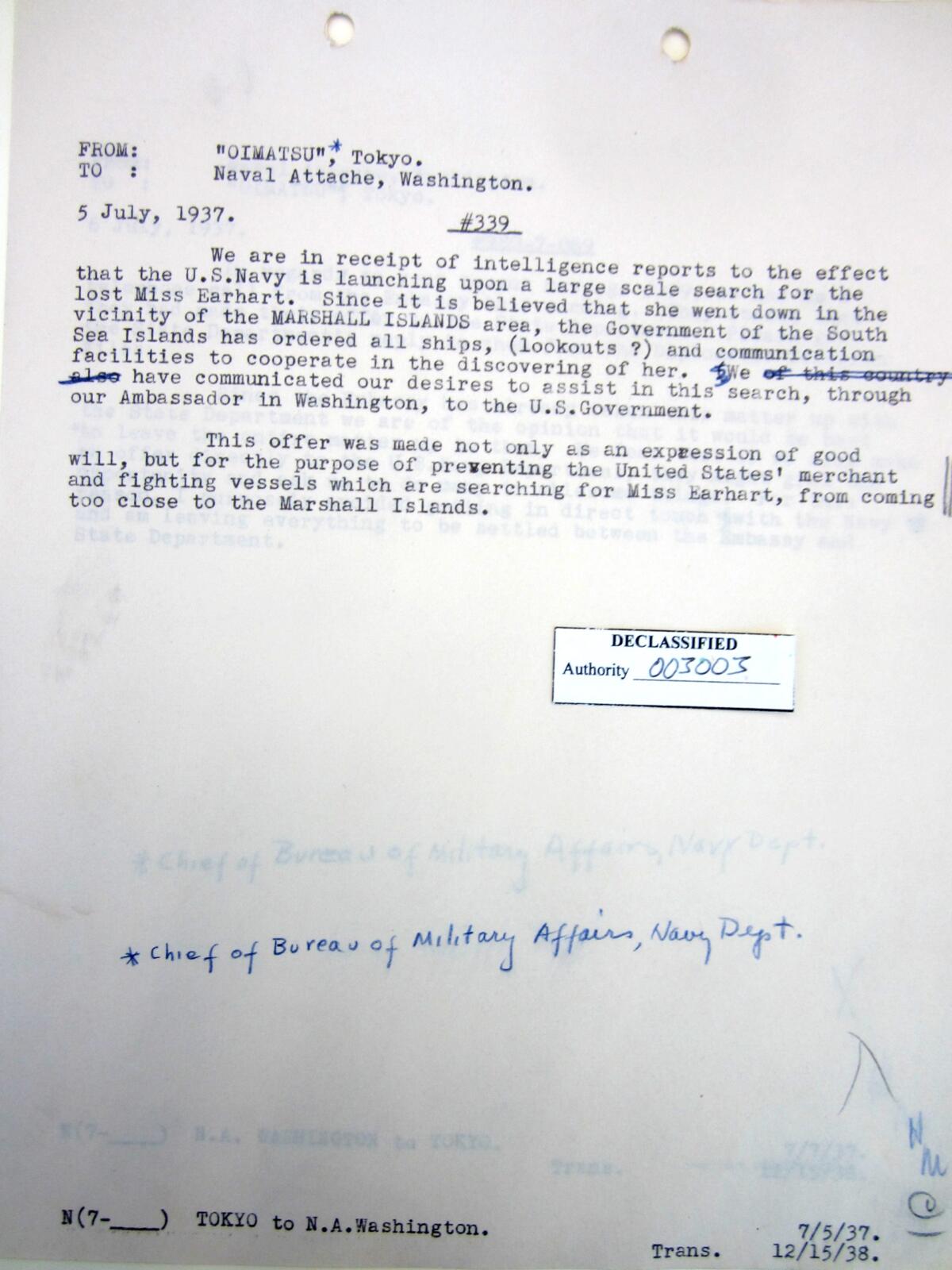 Amelia Earhart, Japanese diplomatic message, Les Kinney National Archives