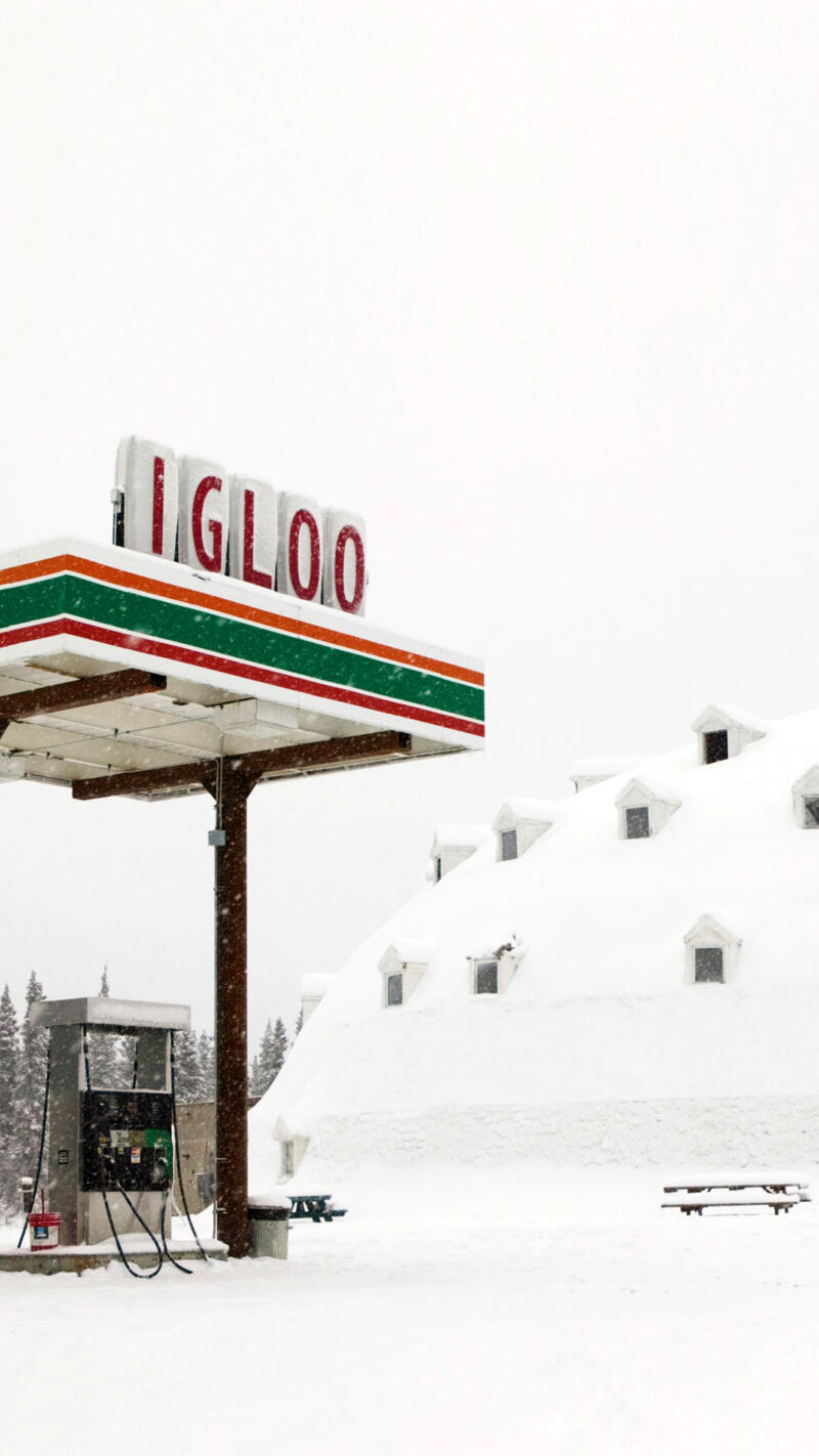 gas station sits attached to “Igloo City,” a hotel in Cantwell