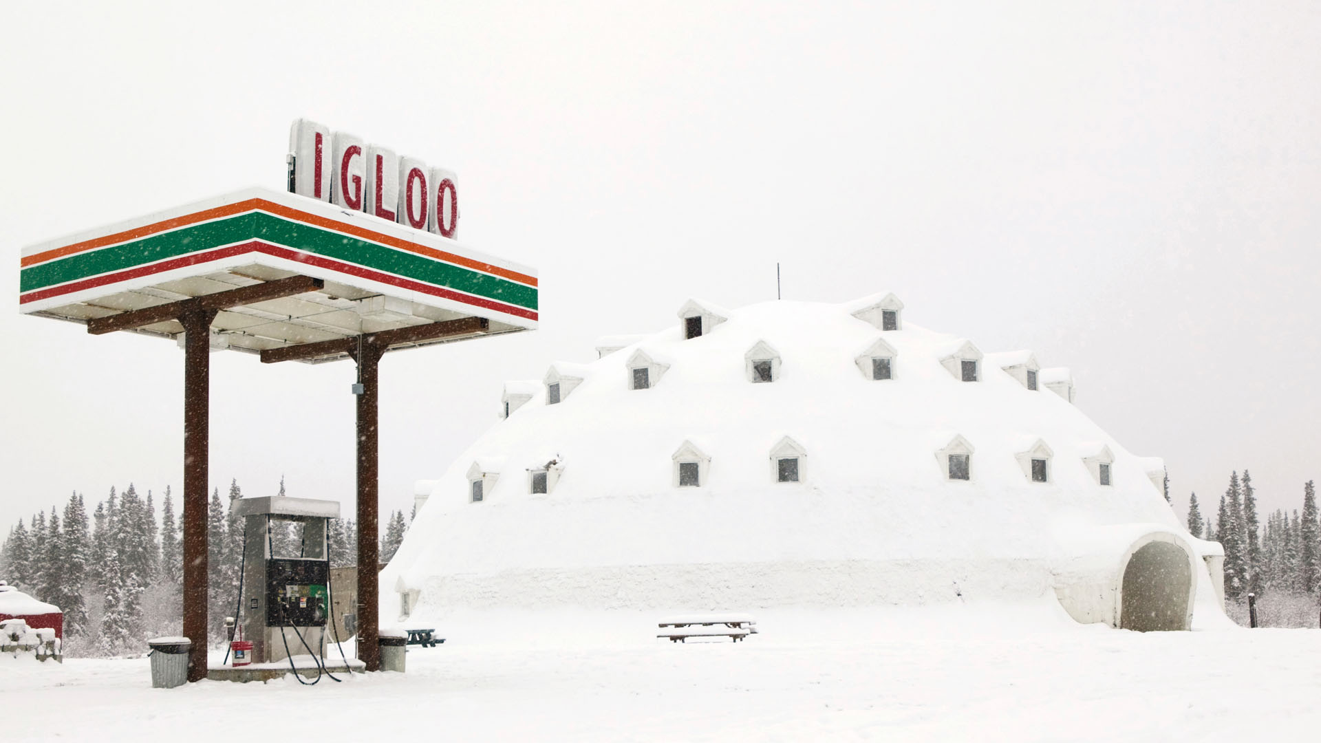 gas station sits attached to “Igloo City,” a hotel in Cantwell