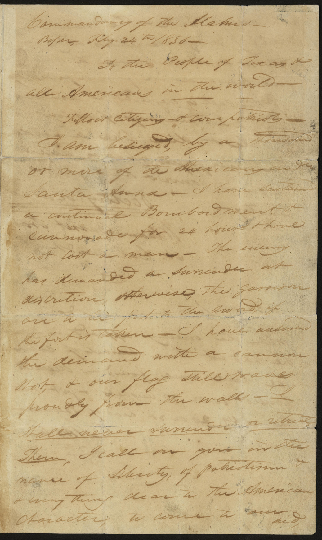 Travis Writes From The Alamo Victory Or Death HISTORY