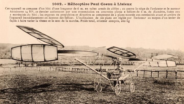 A vintage French postcard featuring the helicopter of Paul Cornu of Lisieux, France, who piloted the first manned flight of a rotary wing aircraft on 13th November 1907.