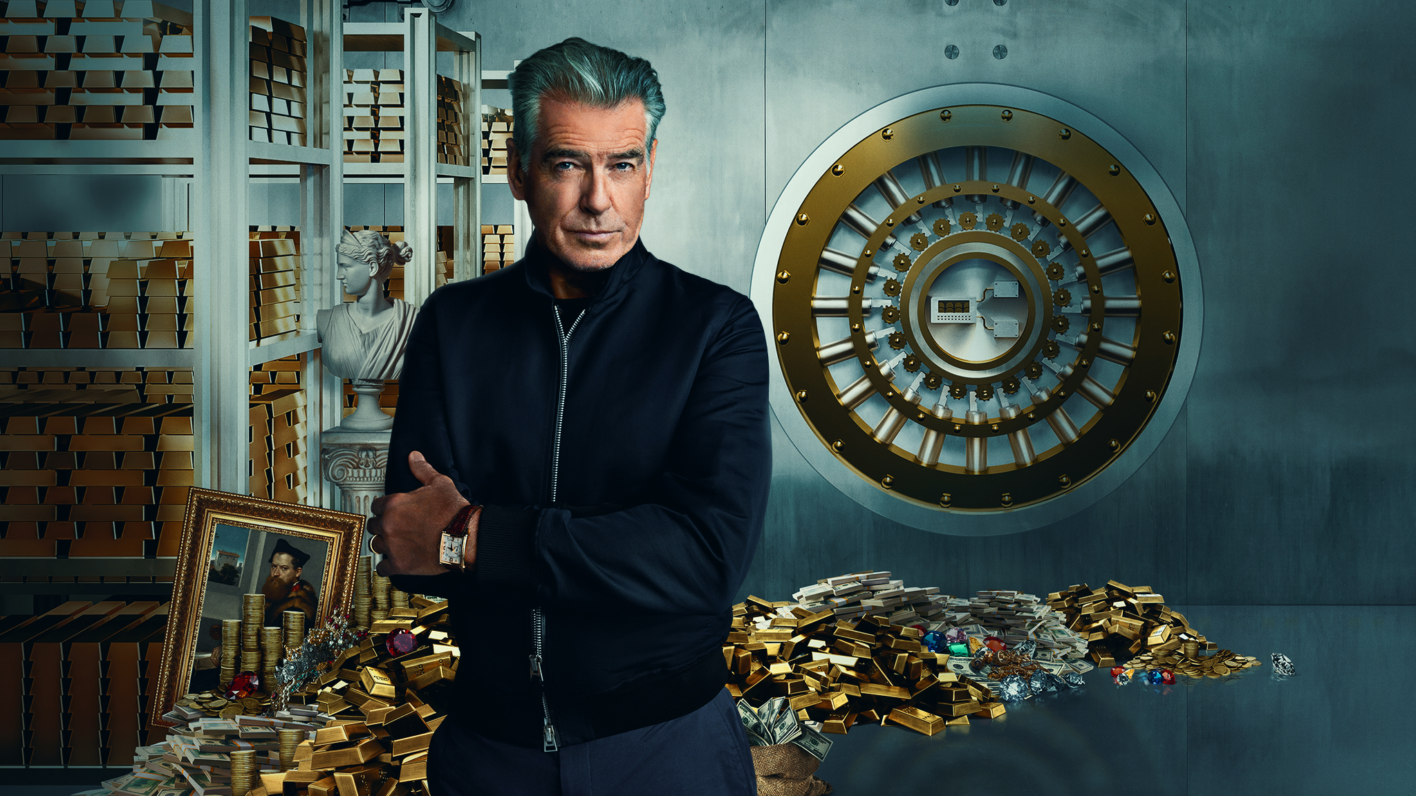 Pierce Brosnan's jacket and watch in History's Greatest Heists