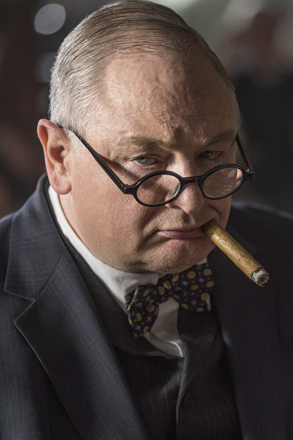 A photo of actor Adrian Galley portraying Winston Churchill
