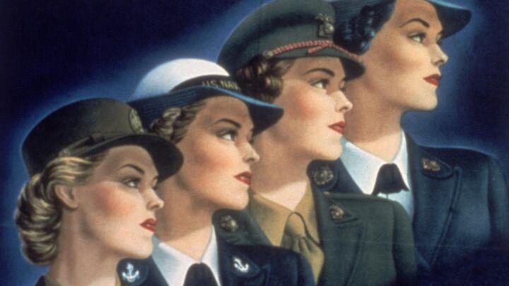 Details of a U.S. armed service recruiting poster featuring women in different uniforms: Marines, Navy (WAVES), Army (WAC), and Coast Guard (SPARS). (Credit: Hulton Archive/Getty Images)