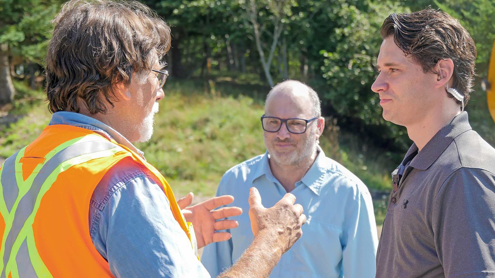 Rick Lagina (L) with The Curse of Oak Island Executive Producers Jon Levy (center) and Joe Lessard (right) on Oak Island. Photo: Courtesy of Joe Lessard/Prometheus Entertainment