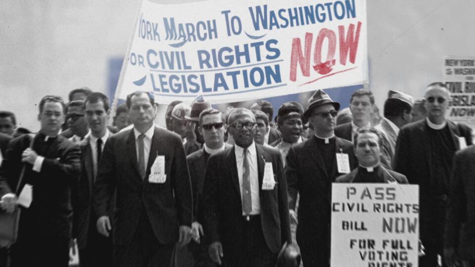 Civil rights, union, and religious leaders from New York City, New York rally approximately 1,200 demonstrators march in protest for civil rights