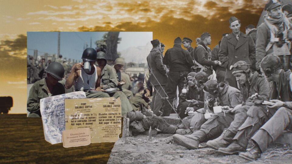 a collage of photos of troops taking a break and drinking coffee in the trenches and on battlefields