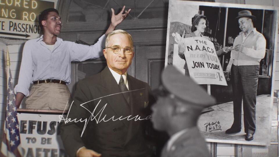 a portrait of Harry S. Truman in a collage with images of civil rights activists