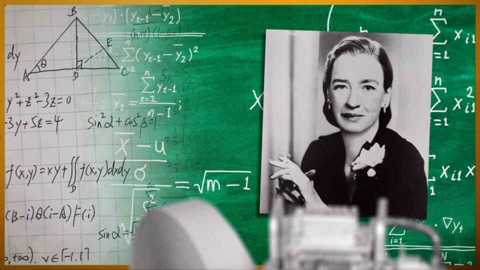 a collage of images, with Grace Hopper as the main focus, surrounded by working women in the tech field