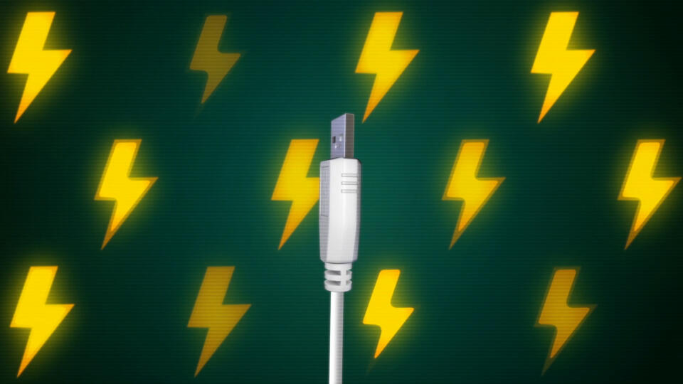 a depiction of a USB plug with animated lightning in the background