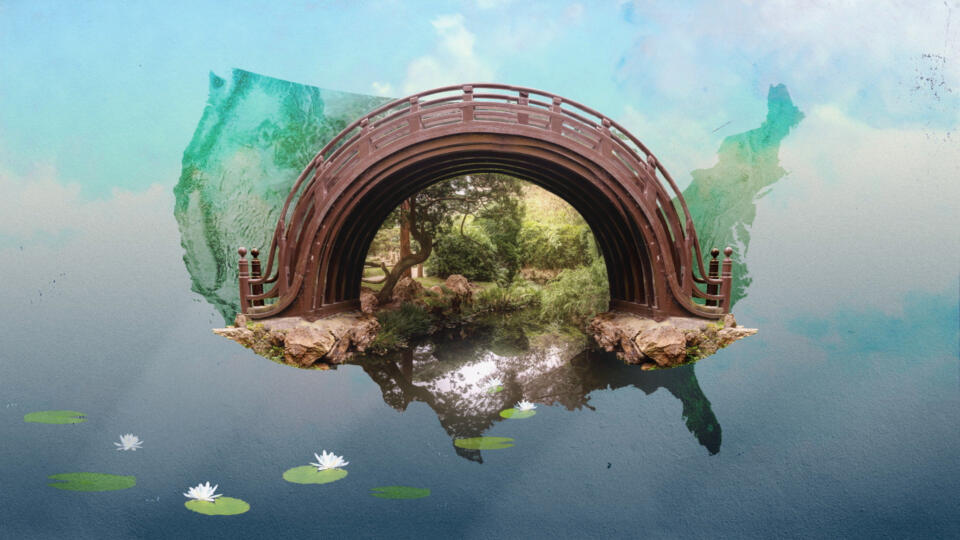a scenic painting of a walking bridge and a tree