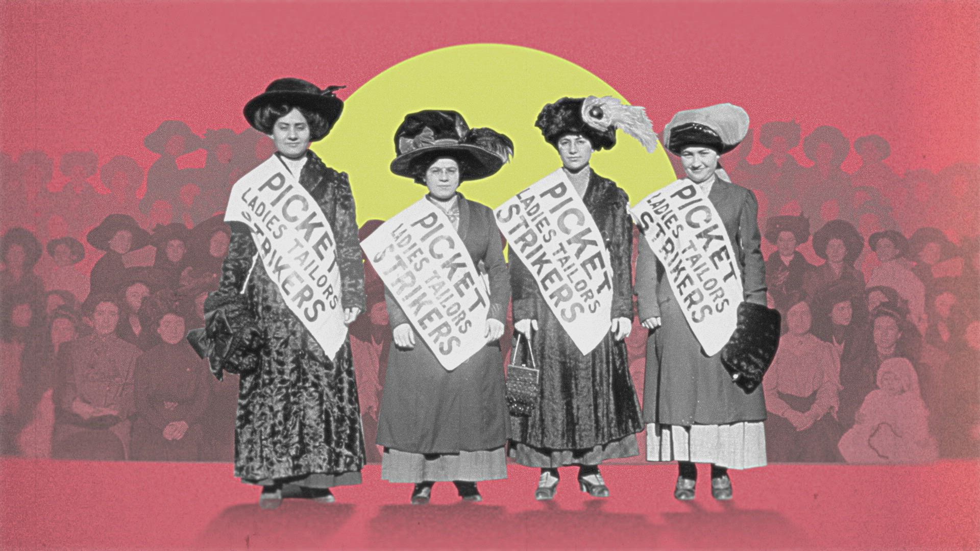 a photo of women at a labor protest holding signs