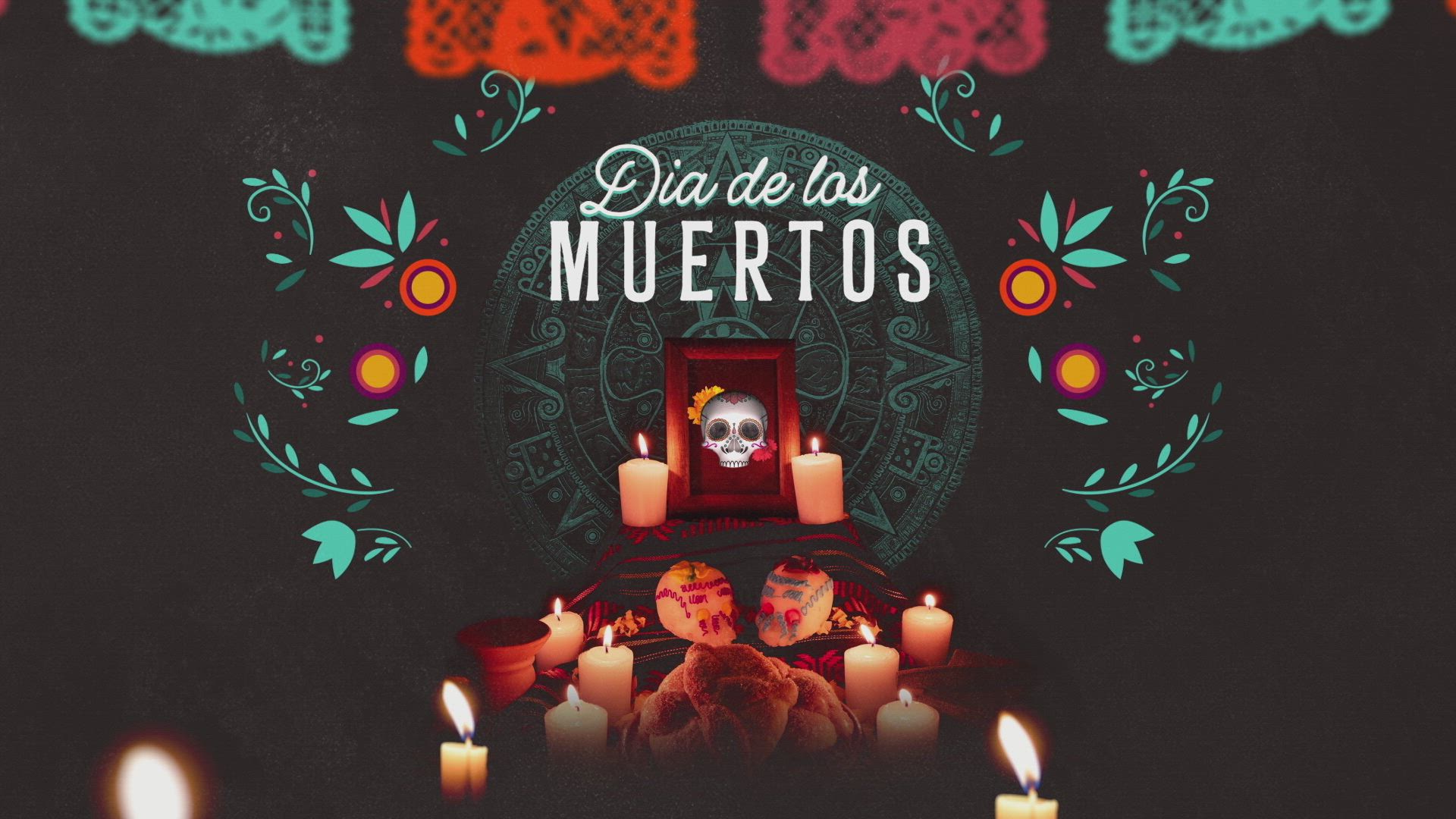 a Dia de los Muertos graphic depicting an traditional altar