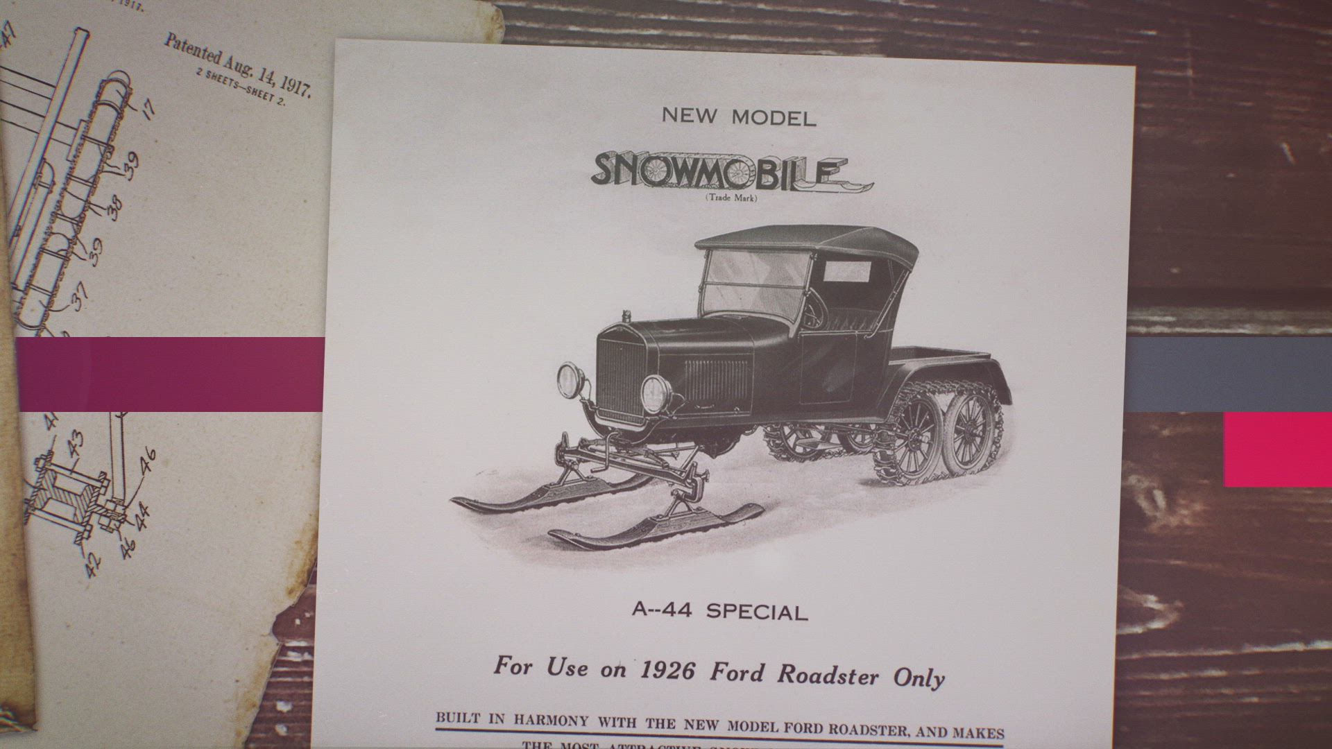 a drawing of a Ford Model T converted into a snowmobile