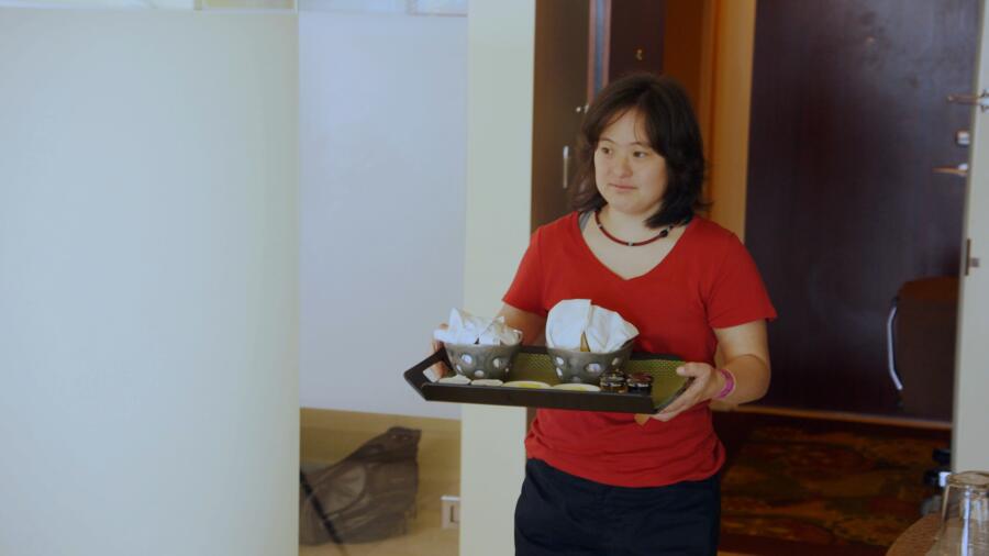 Elena brings Megan breakfast