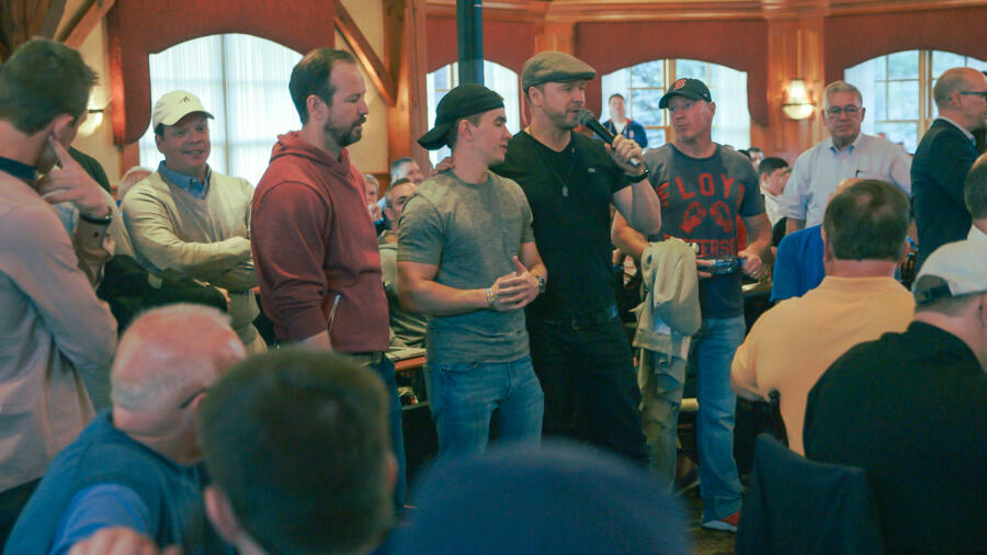 Donnie and Brandon speak to the crowd