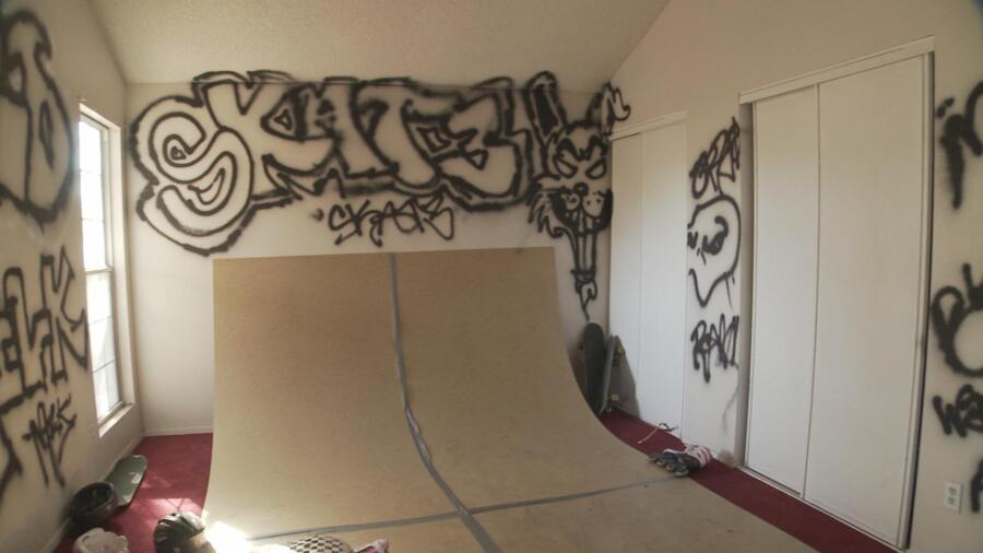 The skaters created a ramp in the master bedroom.