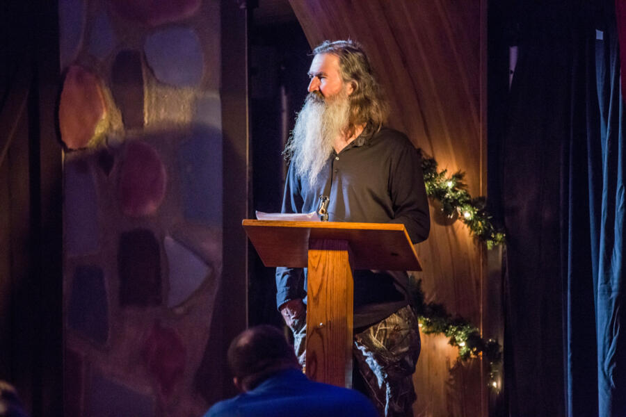Phil narrates the story of Jesus' birth for the Nativity play