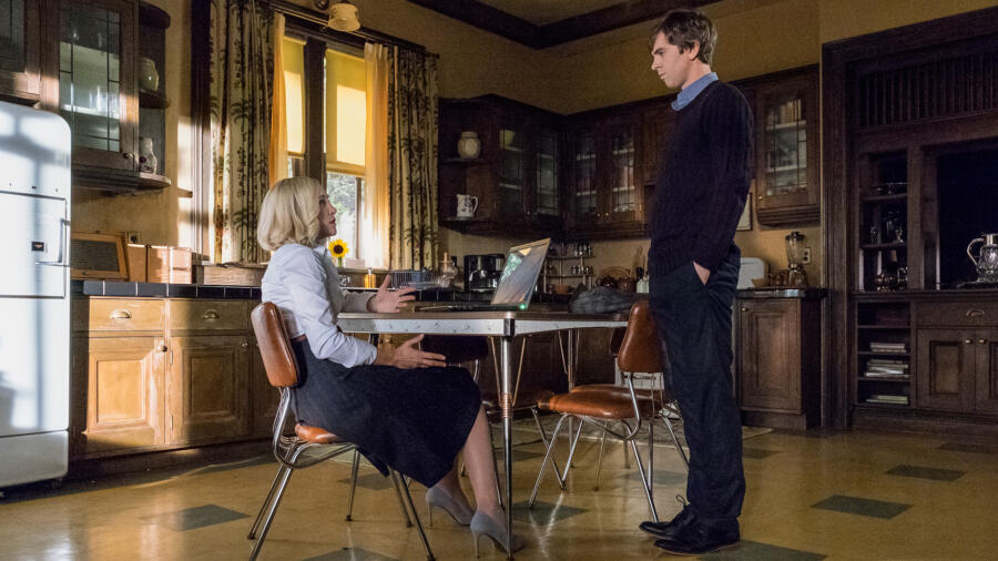 Norman (Freddie Highmore) returns home to find Norma (Vera Farmiga) learning French online.