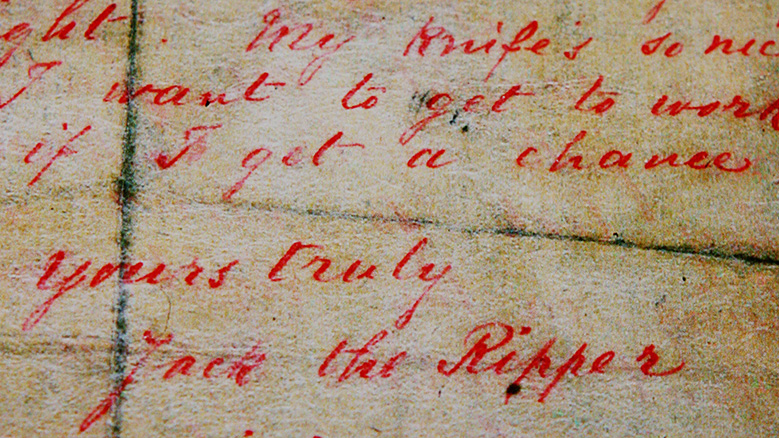 A letter allegedly written by Jack the Ripper and sent to a London news agency on September 25, 1888 is displayed at a press preview of the 'Jack the Ripper and the East End' exhibition at Museum in Docklands, in London, on May 14, 2008.