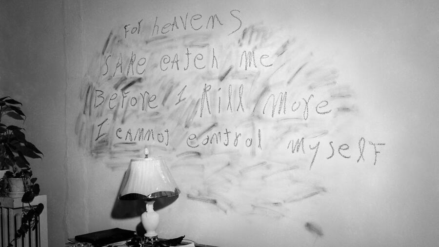 The haunting plea of convicted murderer William Heirens is scrawled with lipstick on a bedroom wall of one his three victims.