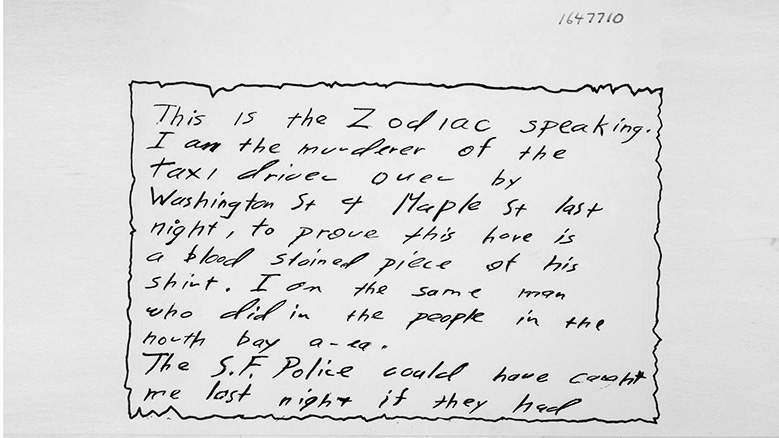 This letter and a blood-soaked piece of shirt alerted San Francisco police to the possibility that the slayer of cab driver Paul Stine might be the same man who killed four others in the Bay Area in the previous year. (Image: Getty Images)