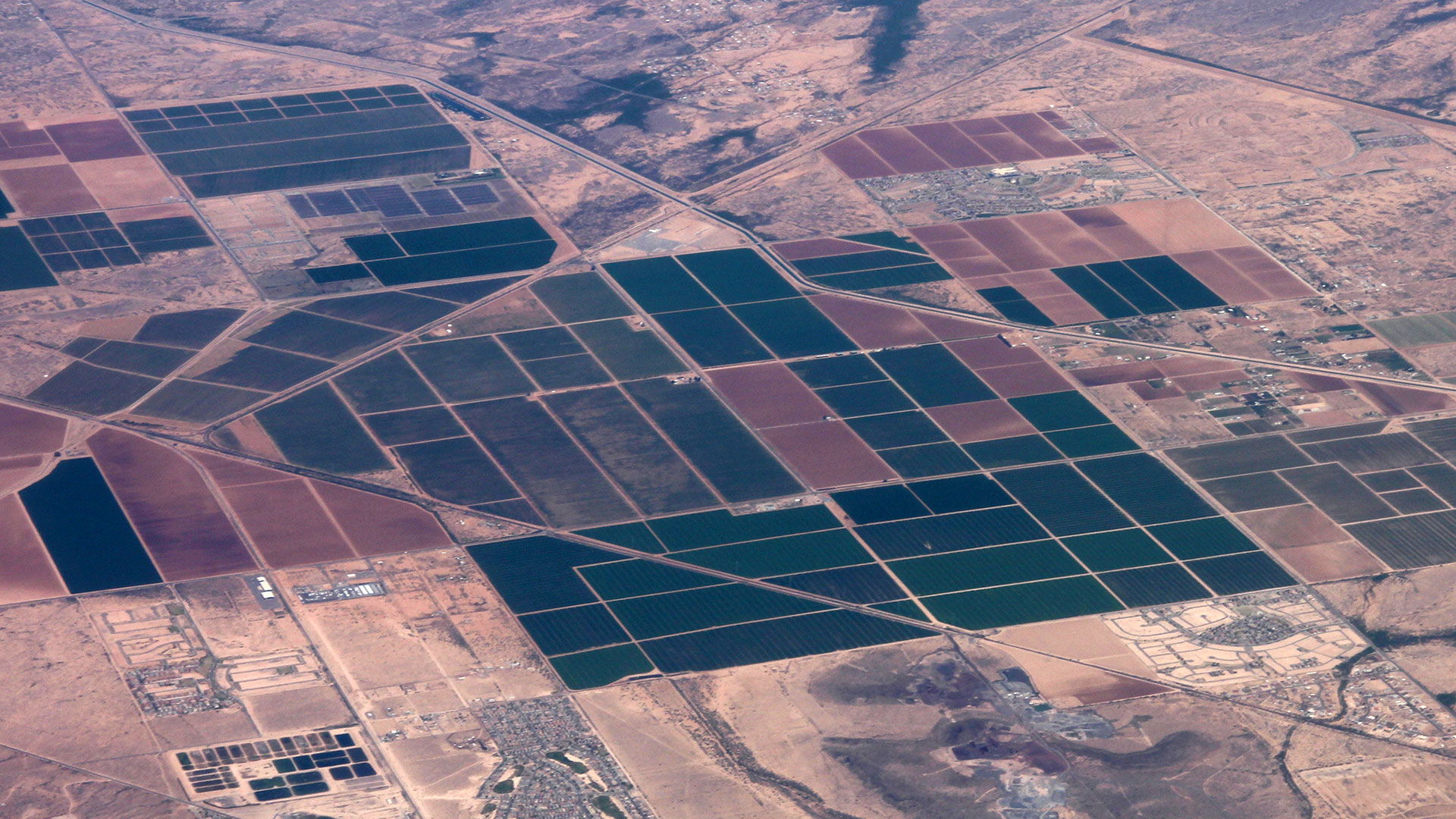 An alien's-eye view of an irrigated farm in the Arizona desert.