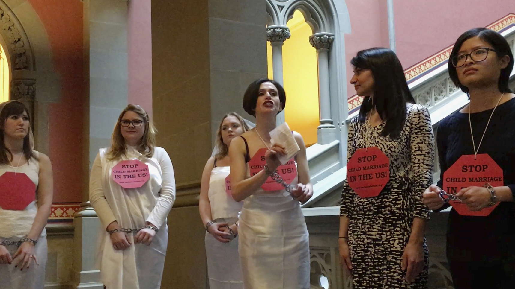 Fraidy Reiss, founder and director of Unchained at Last, a non-profit organization with the goal to end child marriages, with other women at the Capitol in Albany to fight against the law that allows children as young as 14 to wed.