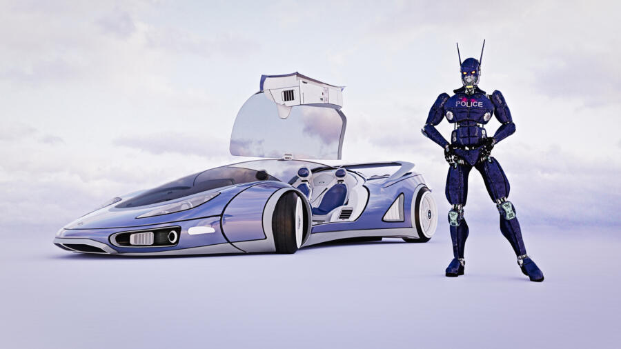 An artist's rendition of a futuristic robot officer and police car