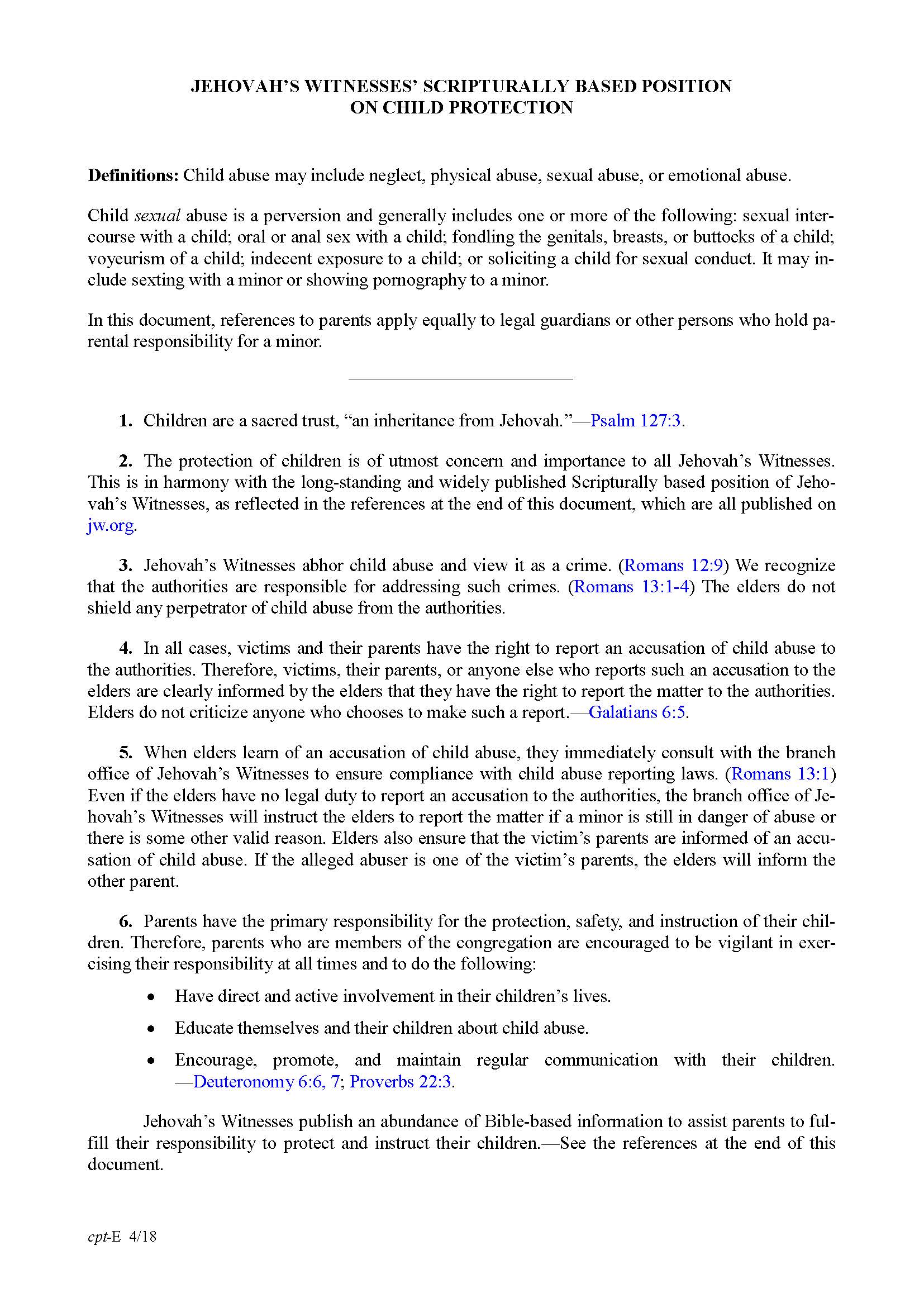 Jehovah's Witnesses' Scripturally Based Position on Child Protection, page 1