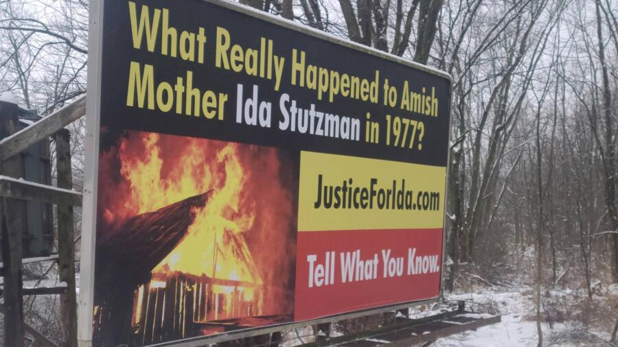 Billboard seeking information on the death of Ida Stutzman