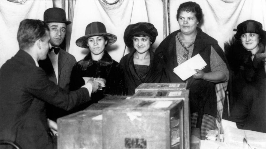 Women line up to vote for the first time in New York after the passage of the 19th Amendment, New York, New York, 1920.
