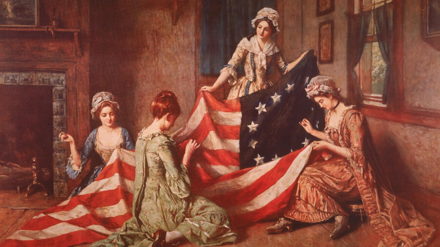 A Henry Mosler painting The Birth of the-Flag depicts Betsy Ross and her assistants sewing the first American flag Philadelphia Pennsylvania 1777