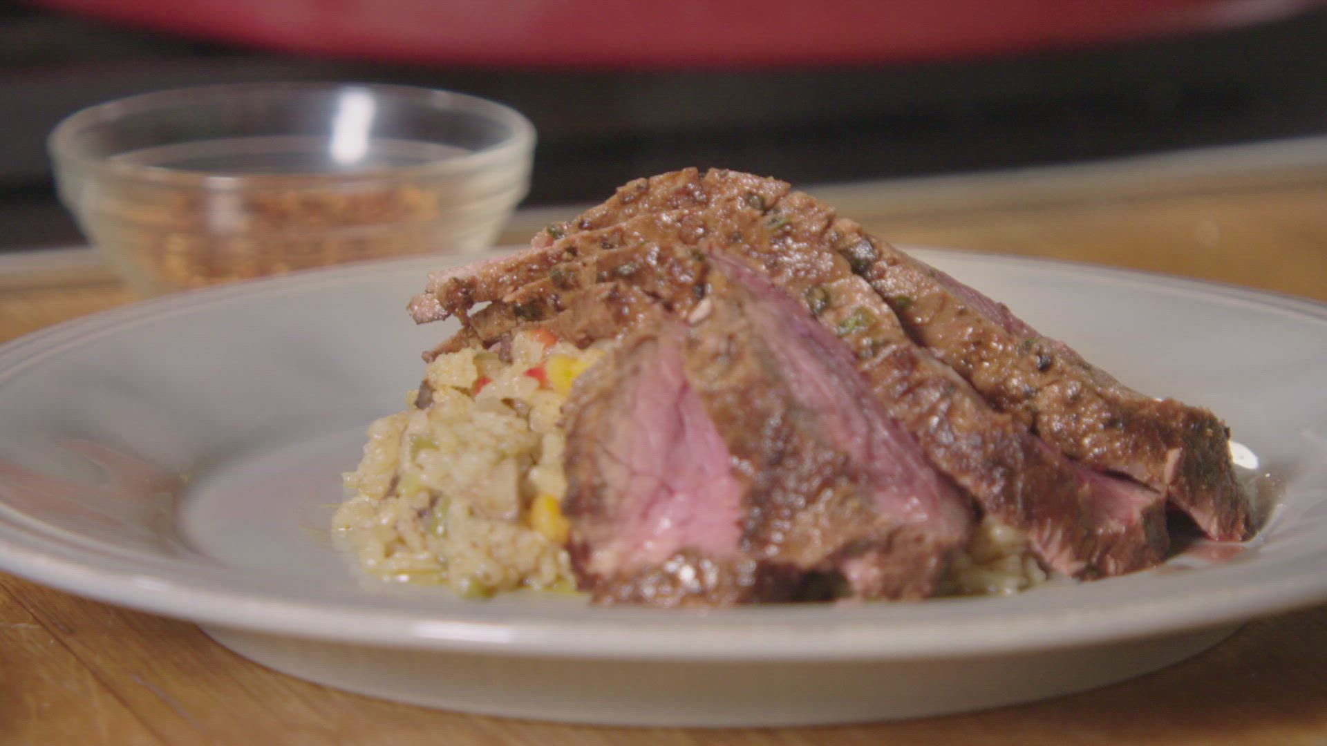 Cajun Steak Diane with Foie Gras Dirty Rice